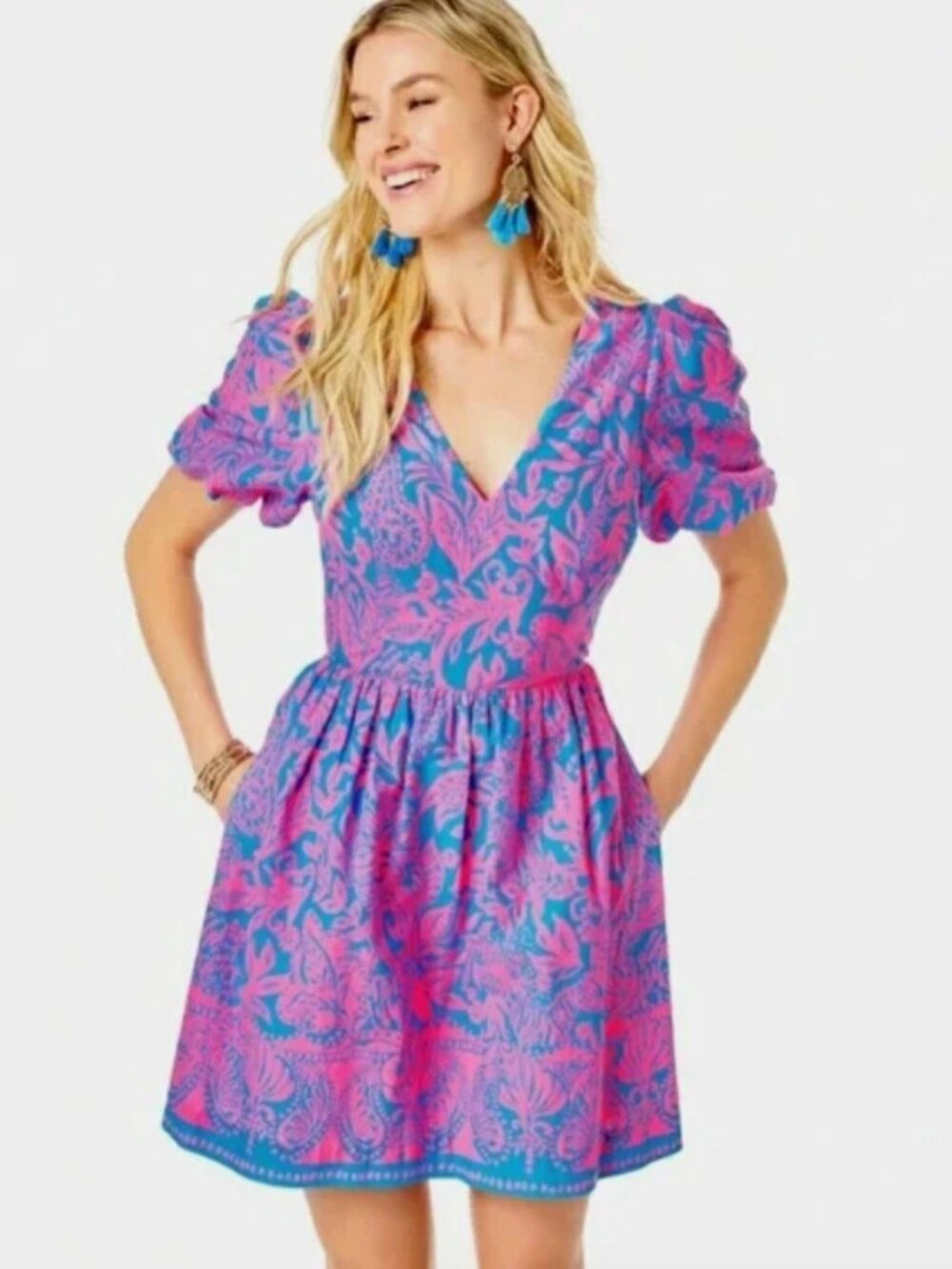 Lilly Pulitzer Suzie Short Puff Sleeve Dress w/ Tie Keyhole Back - Size 14